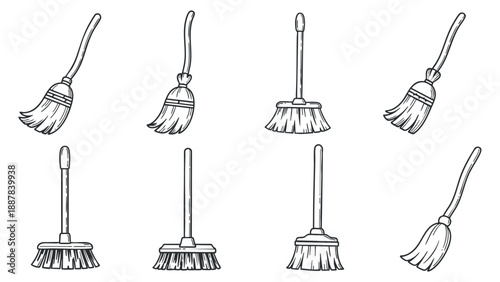 A collection of various broom illustrations in black and white outline vector style, suitable for cleaning service branding and household themes
