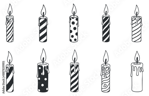 A set of decorative birthday candles in black and white vector style, ideal for festive celebrations and party illustrations