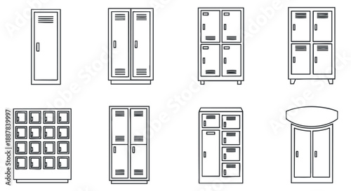 A collection of various locker designs in black and white outline vector style, suitable for office and school environments