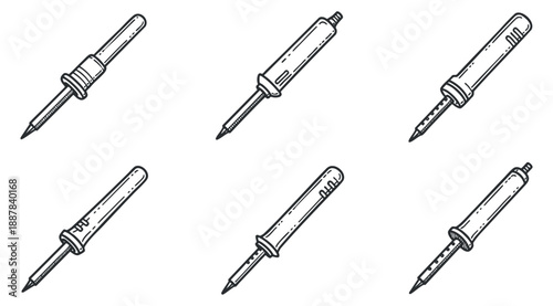A set of six outline style screwdrivers in black and white vector illustration, suitable for DIY and repair projects