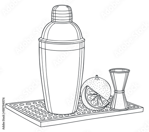 An outlined cocktail shaker, lime and orange slices, and jigger in minimalist vector style, perfect for bar and drink-related designs