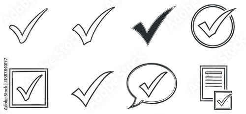 A collection of various checkmark icons in minimalist black and white vector style, suitable for user interface design and documentation