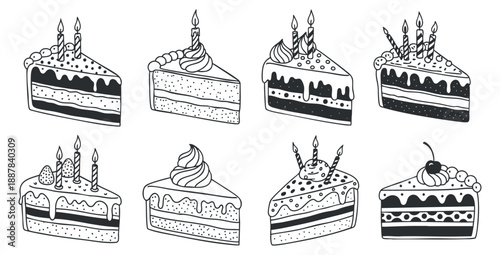 A collection of eight hand-drawn cake slices with decorative elements in a black and white vector style, perfect for dessert-themed designs