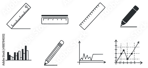 A collection of graphic design tools including rulers, pencils, and graphs in minimalist outline vector style, suitable for educational and business presentations