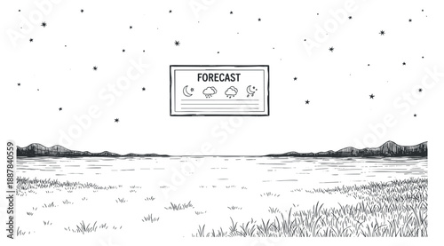 A weather forecast illustration featuring a starry sky and a serene landscape in minimalist black and white vector style, suitable for environmental design and weather applications
