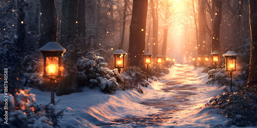 Wallpaper Mural Winter Forest Path with Lanterns at Sunset Torontodigital.ca