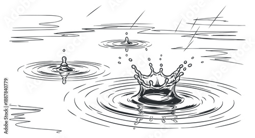 A water splash with ripples and droplets in black and white minimalist vector style, suitable for nature-themed designs