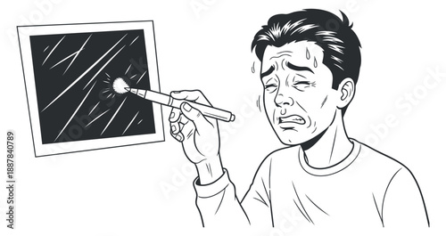 A man sweating and looking stressed while pointing at a window in black and white vector illustration style, ideal for emotional expression projects