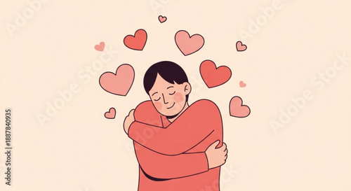 Woman self hug surrounded by hearts love and care concept