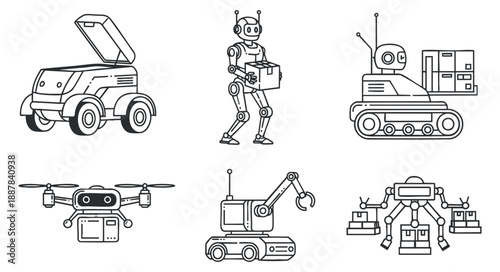 A collection of various robots including a delivery drone, a robotic arm, and automated vehicles in minimalist outline vector style, suitable for technology and innovation projects