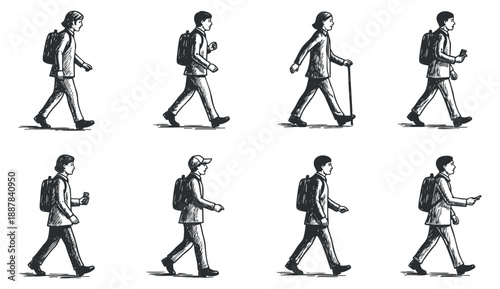 A collection of walking people icons in black and white sketch style, perfect for lifestyle and travel illustrations