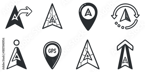 A collection of navigation and location icons featuring arrows, GPS markers, and directional symbols in minimalist black and white vector style, suitable for travel apps and map designs