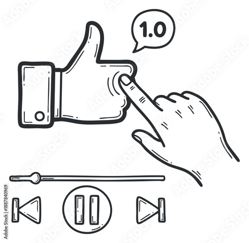 A thumbs up gesture with a pointing finger in black and white outline vector style, suitable for digital feedback and interaction design