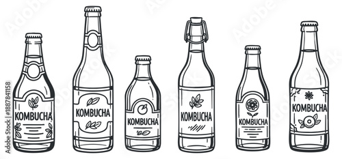 A set of kombucha bottles in clean line art minimalist vector style, perfect for health and wellness branding