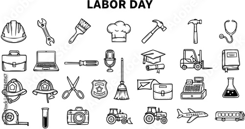 Labor Day Professions Icons Set. Diverse Black and White Hand-Drawn Line Art Symbols of Occupations, Jobs, and Work Tools.