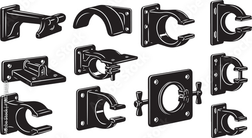 Various metal clamp and bracket designs illustrated in black