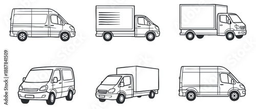 A collection of delivery vans and trucks in simple black and white outline vector style, ideal for logistics and transportation designs