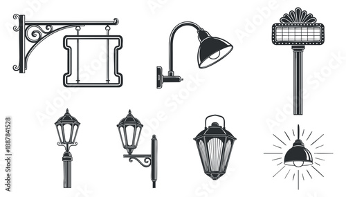 A collection of decorative street lamps and light fixtures in vintage black and white vector style, ideal for urban design projects