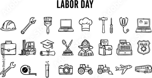 Labor Day Professions  Occupations Icons Set. Black  White Hand-drawn Line Art Collection of Work Tools  Job Symbols. Diverse Industry Vector.