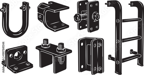 Collection of metal hardware and industrial parts illustrations