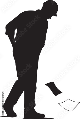 Man Silhouette Dropping Paper Litter on White Background