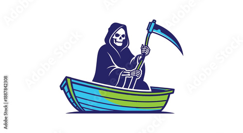 dark grim reaper sitting in a boat, dark blue and purple color scheme, detailed woodcarving style illustration, digital art
