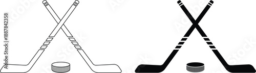 Ice hockey stick with puck outline and vector sign. Black and white clipart design.