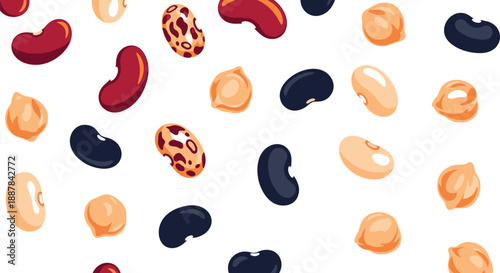 Assortment of colorful beans and chickpeas scattered on a white background, a healthy food pattern.