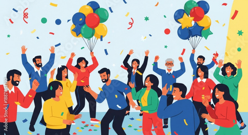 Diverse group of people celebrating with colorful balloons