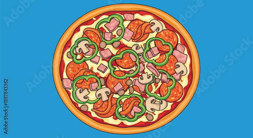 pepperoni pizza, fresh tomato sauce, mozzarella cheese, bell peppers, mushrooms, onions, circular pizza shape, vibrant colors, glossy finish, detailed textures, appetizing, high-quality photograph
