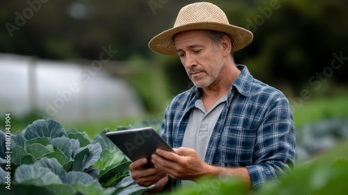 Farmer analyzing crop data in a greenhouse agricultural field digital farming rural landscape close-up innovation in agriculture
