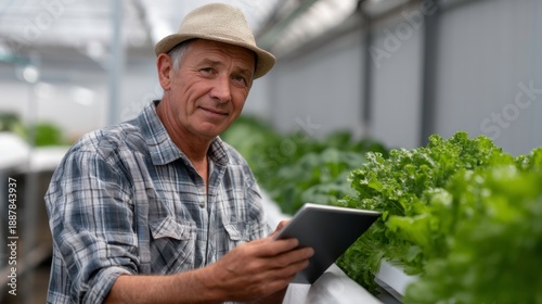 Urban farming revolution senior gardener utilizing technology in sustainable agriculture greenhouse close-up innovation