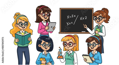 Diverse group of young women engaged in learning and science activities