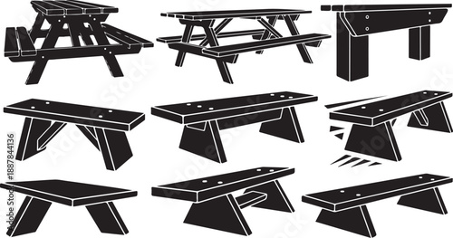Various picnic table styles and designs illustration set