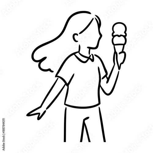 Dibujo sencillo de una niña de pie comiendo un cucurucho de helado con líneas