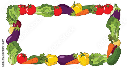 eggplant, bell peppers, tomatoes, lettuce, frame, vegetables, still life, colorful, realistic, detailed, digital illustration, 4k
