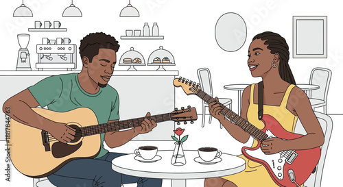 man playing acoustic guitar, woman sitting at table, cafe interior with furniture, decor, and other people in background
