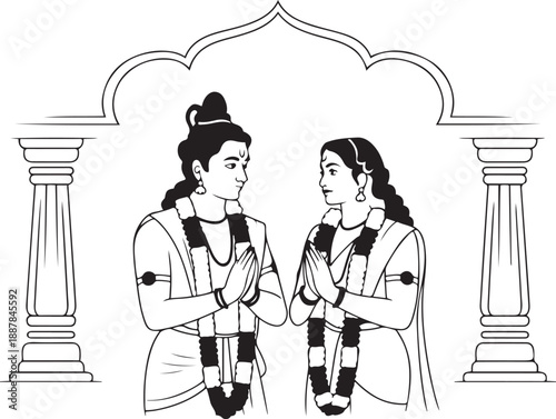 Black and white sketch of hindu divine couple lord rama and goddess sita