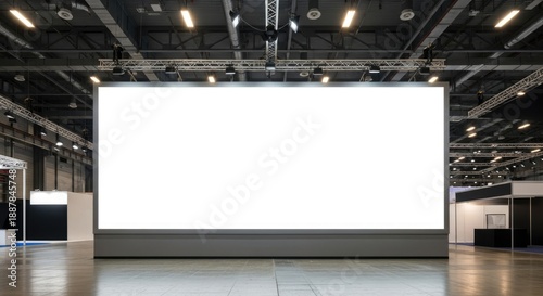 Large blank billboard in modern exhibition hall with professional lighting