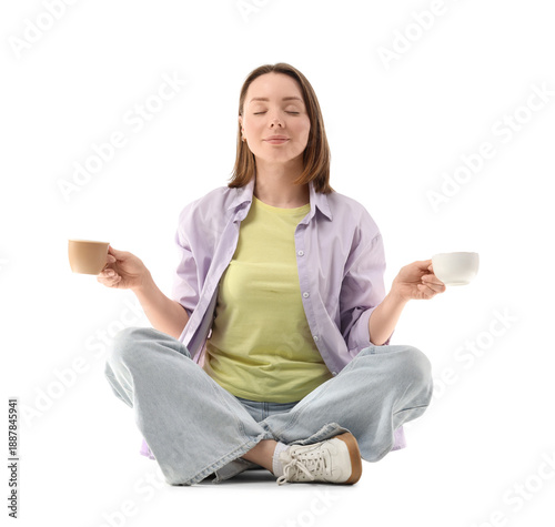 Young woman with cups of te...
