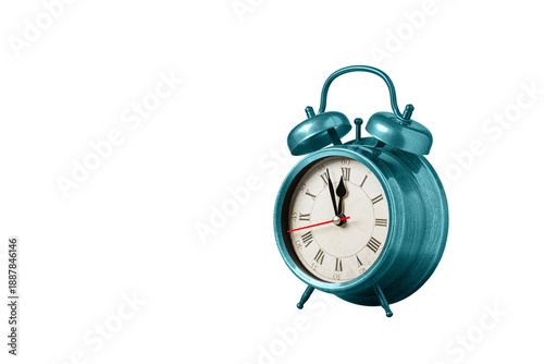 retro clock, watch, pointer clock, Blue color alarm clock on isolated white background close up