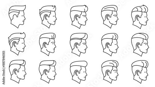 Collection of fifteen distinct male side profile icons showcasing various modern pompadour and slicked back hairstyle variations for barbershops