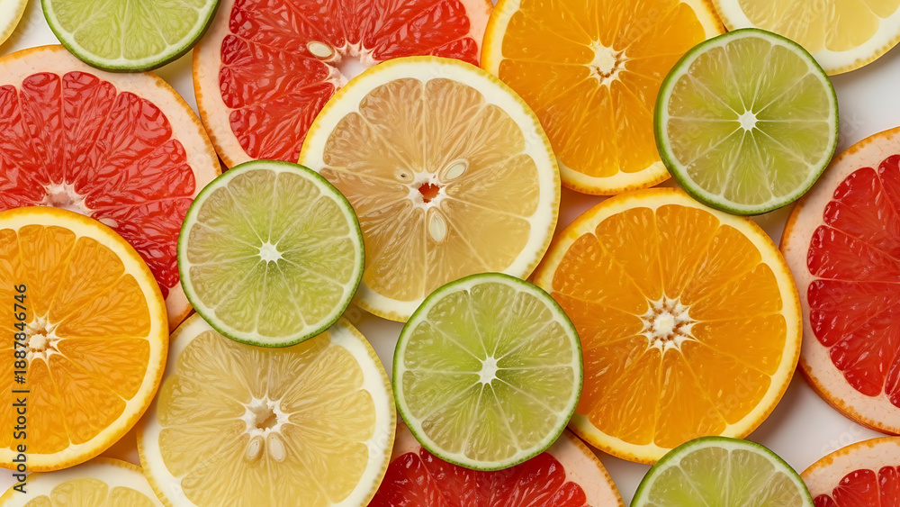 Obraz premium Vibrant Citrus Slices A Refreshing Assortment of Oranges, Grapefruits, and Limes as a Healthy Food Background