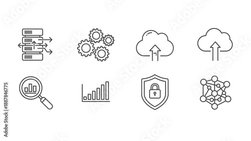 Collection of eight distinct linear technology icons representing crucial concepts like data management cloud computing security analysis machine learning and system configuration processes