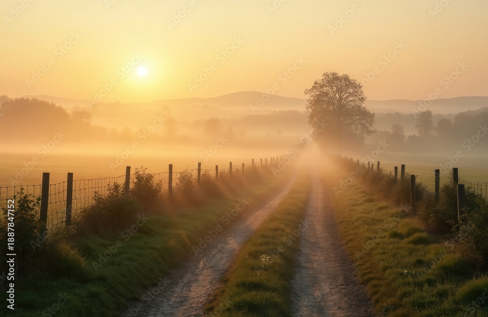 Obraz premium Dirt road passes through misty farm fields at sunrise. Sun low on horizon, casting golden light through fog. Green grass borders path, fence line extends into distance.