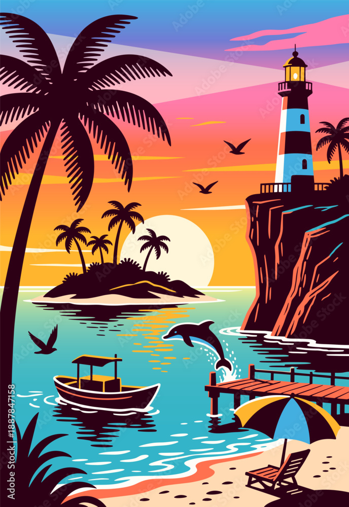 Fototapeta premium Vibrant Tropical Sunset with Lighthouse, Palm Trees, Jumping Dolphin and Beach Scene, Vertical Landscape Vertical Illustration