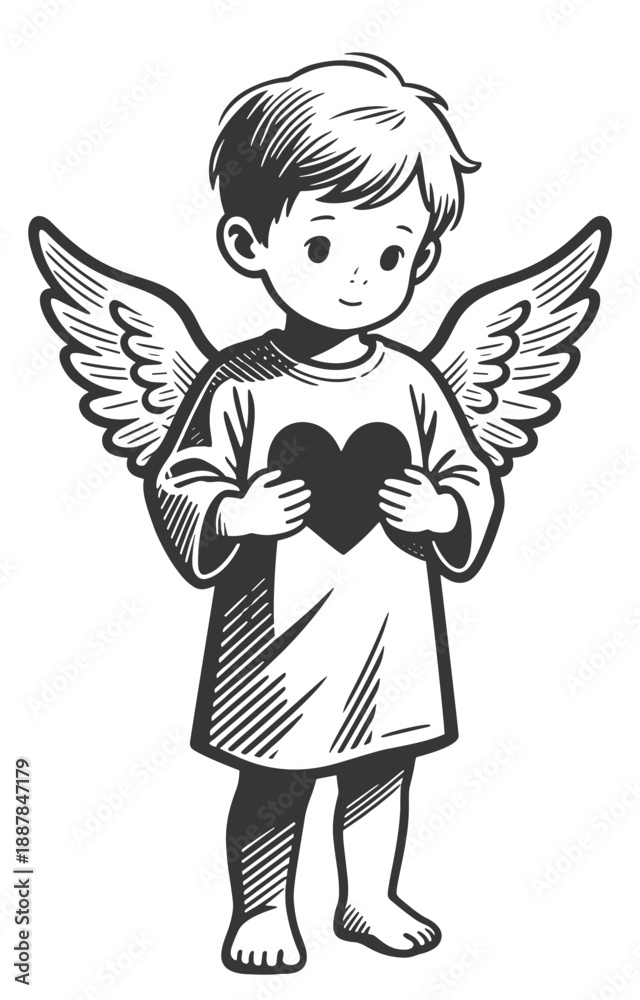 Fototapeta premium Cute Little Boy Angel Holding a Heart, Vintage Black and White Vector Illustration
