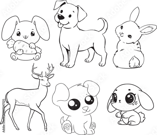 Cute Baby Animals Line Art Set in Kawaii Style