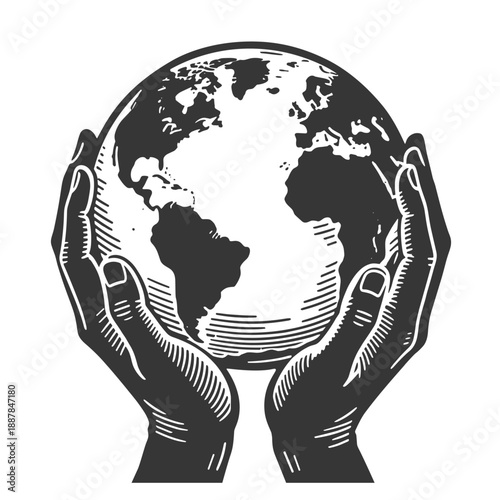 Two Hands Gently Holding the Earth Globe, Vintage Black and White Vector Illustration