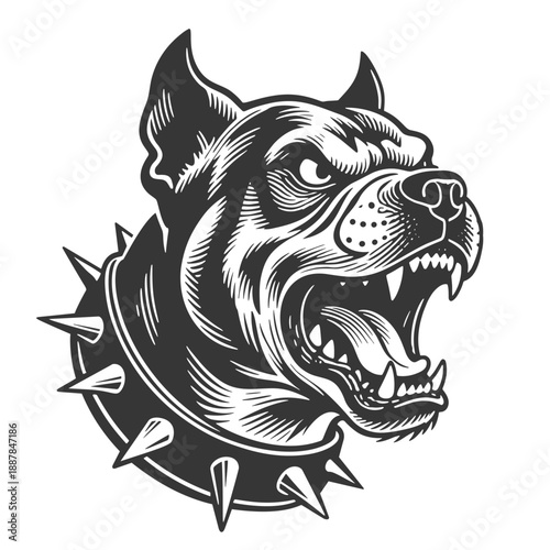 Fierce Snarling Pitbull Head with Spiked Collar, Vintage Black and White Vector Illustration